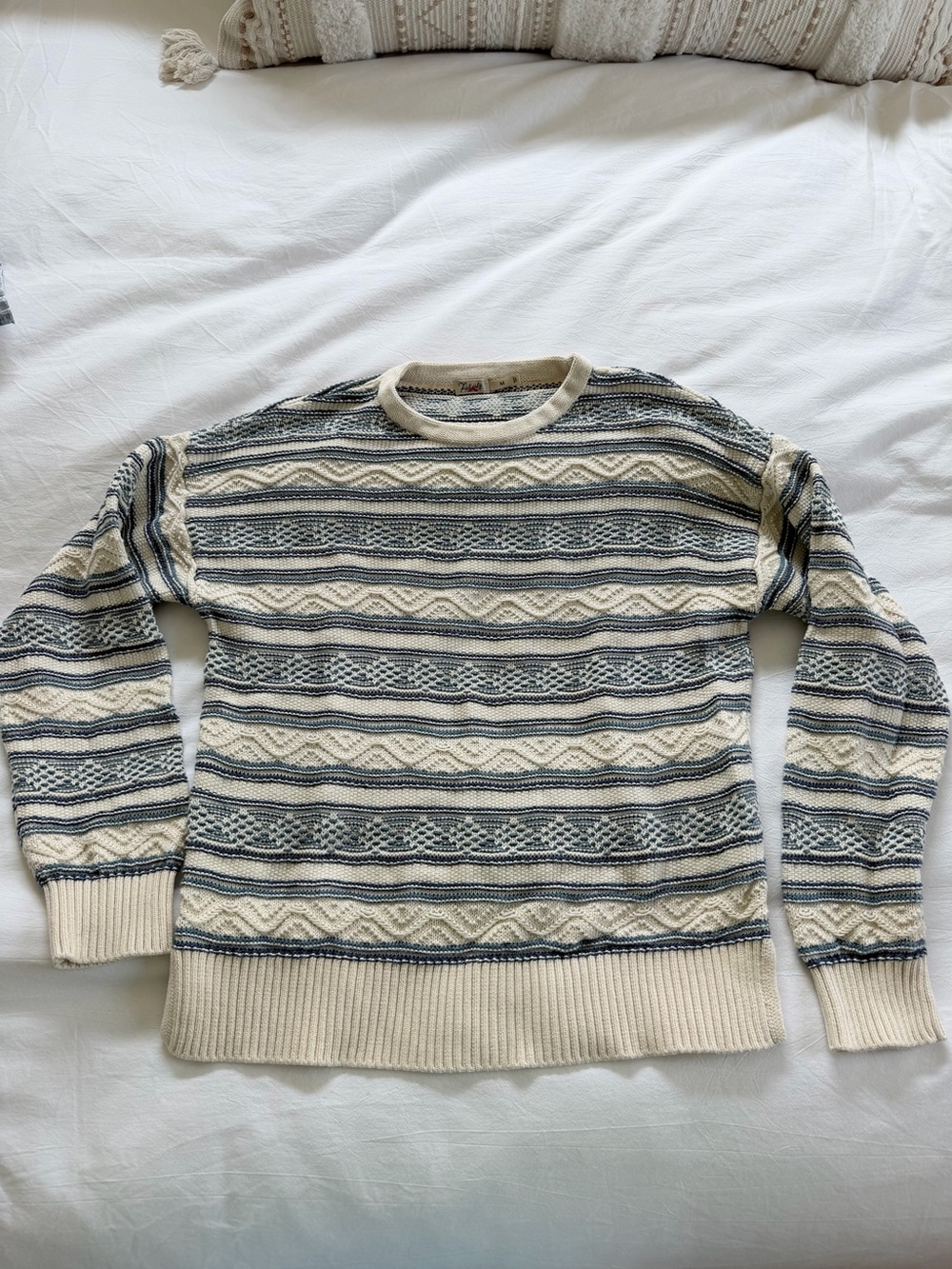 Faherty Cream and Navy Patterned Crewneck Sweater